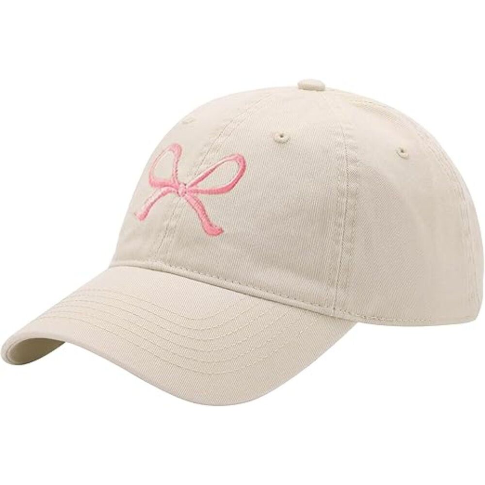 Unisex Beige Pink Embroidered Bow Tie 100% Cotton Adjustable Fit Baseball Caps